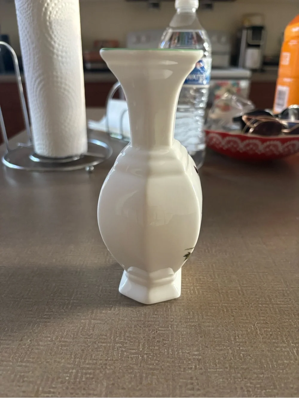 White Ceramic Bird Motif Accent Vase with Green Rim